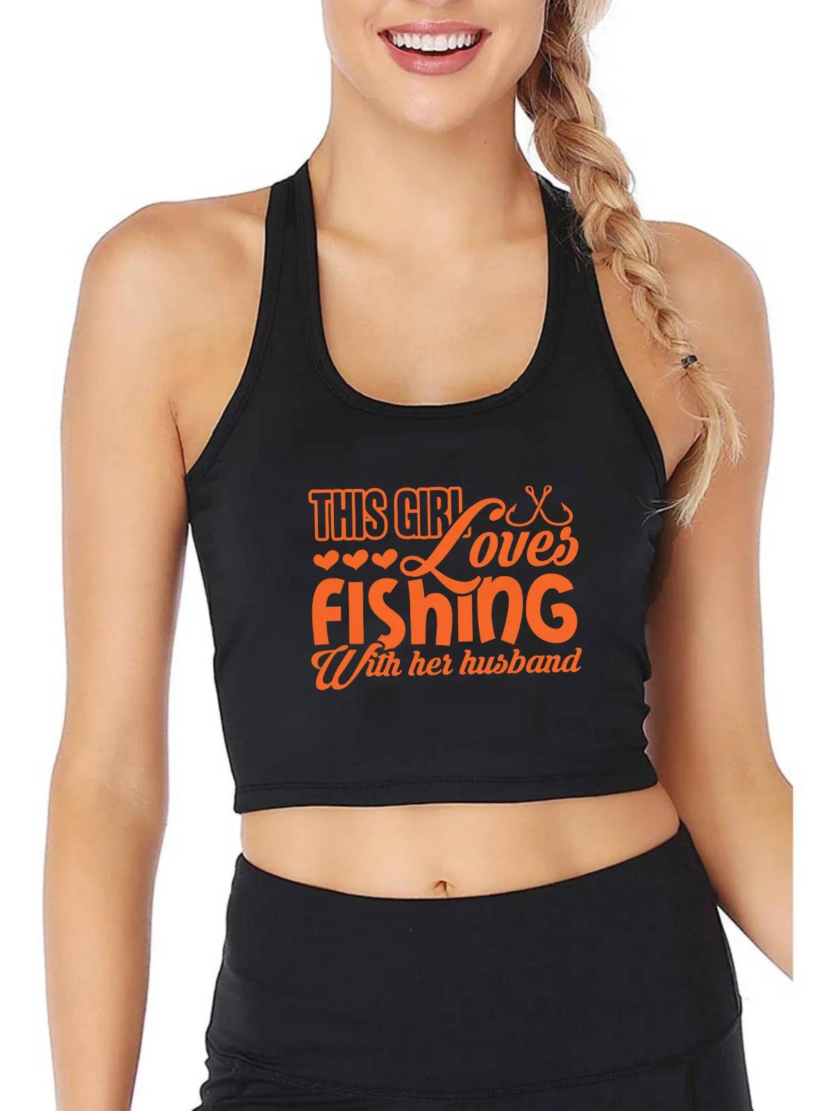 Loves Fishing With Husband Print Tank Top Womens Yoga Sports Workout Crop Top Gym Tops